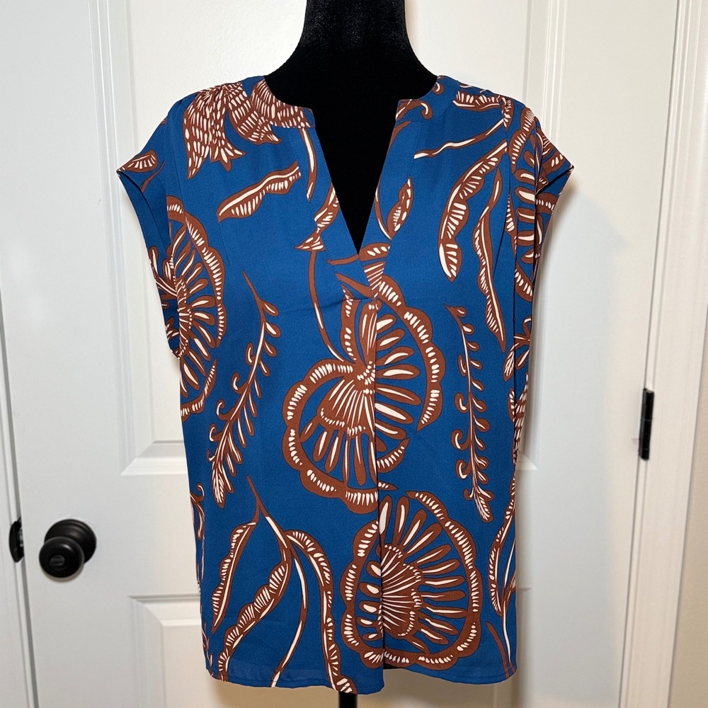 Ann Taylor Blue Brown Botanical Leaf Print Split Neck Blouse Large Petite Office